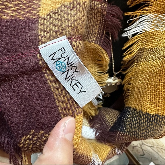 Funky Monkey‎ Infinity Scarf Unisex Plaid Tartan Fringe Brown/Orange 18" x 70" - Picture 4 of 5